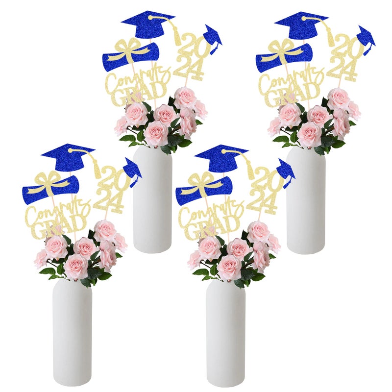 Gexolenu 16 PCS Gold and Blue Double-Sided 2024 Graduation Centerpieces for Tables, 2024 Table Toppers Party Centerpiece Sticks Party Supplies, Graduation Party Decorations Class of 2024, Set of 4 - Image 3